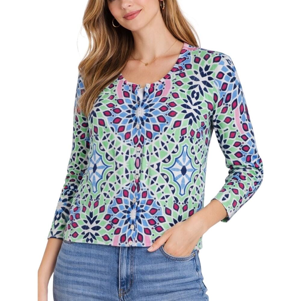 Talbots Green Blue Geometric Print Cardigan Sweater Button Front Petite SP